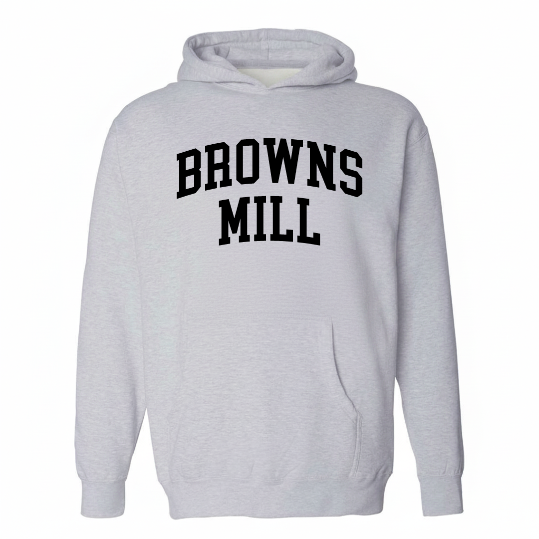 Heather-gray hoodie with the Browns Mill arched lettering design on the chest.