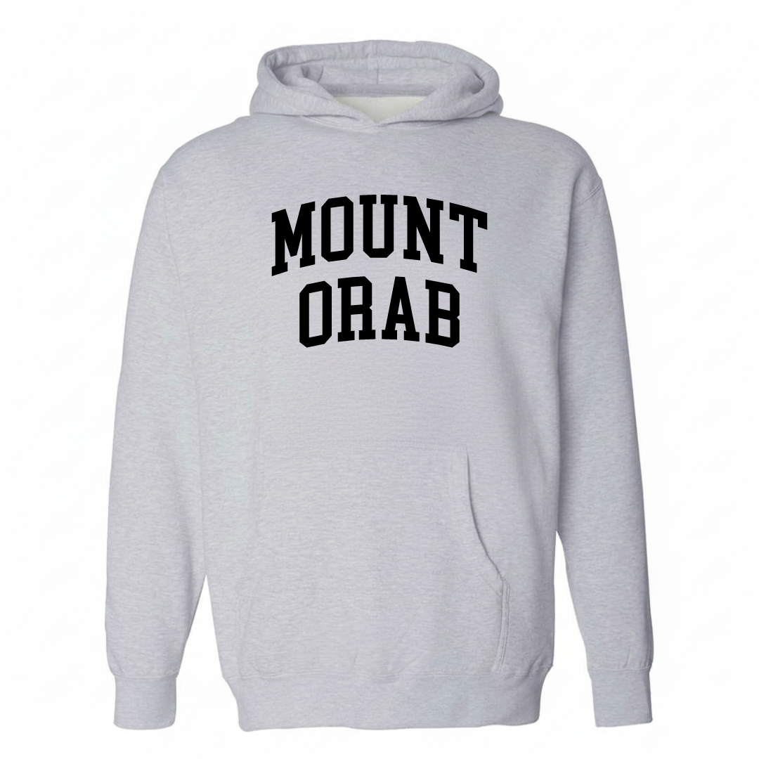 Heather-gray hoodie with the Mount Orab arched lettering varsity-collegiate design on the chest.
