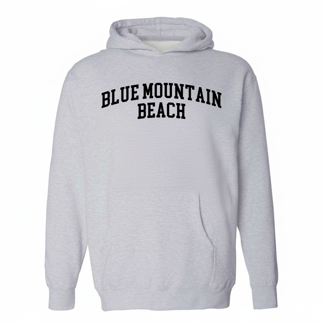 Heather-gray hoodie with the Blue Mountain Beach varsity arched lettering design on the chest.