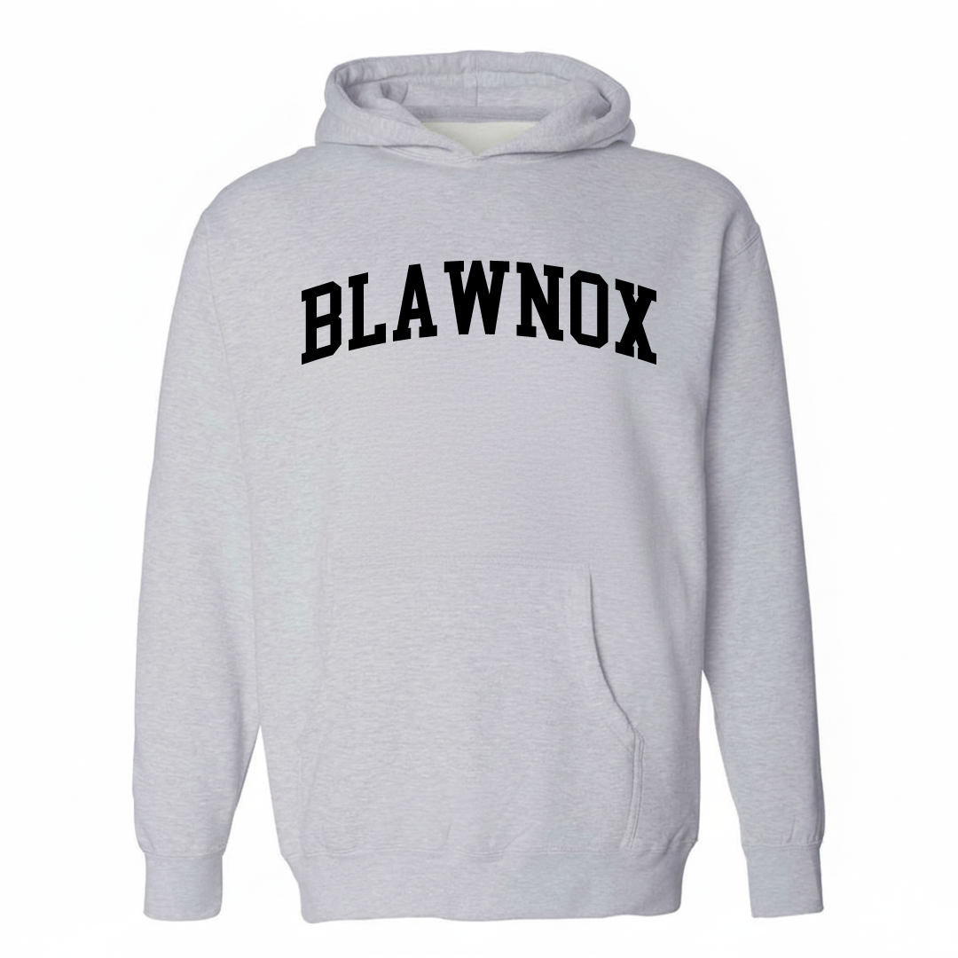 Heather-gray hoodie with the Blawnox varsity arched lettering design on the chest.