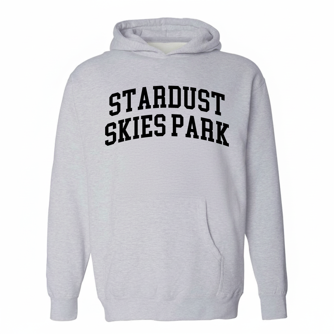 Heather-gray hoodie with the Stardust Skies Park varsity arched lettering design on the chest.