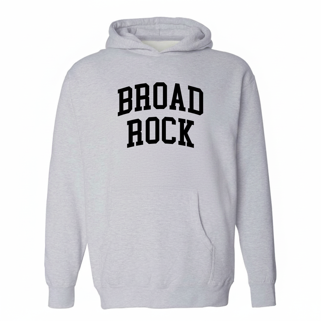 Heather-gray hoodie with the Broad Rock arched lettering design on the chest.