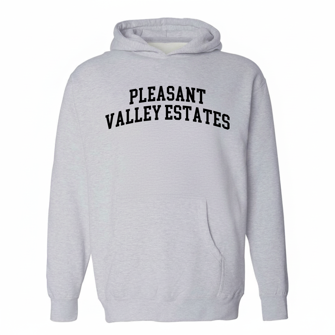 Heather-gray hoodie with the Pleasant Valley Estates varsity arched lettering design on the chest.