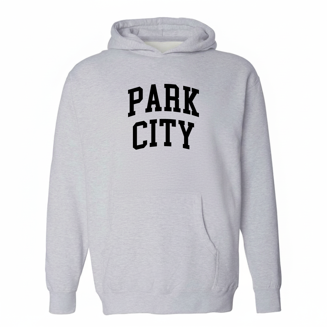 Heather-gray hoodie with the Park City arched lettering varsity-collegiate design on the chest.