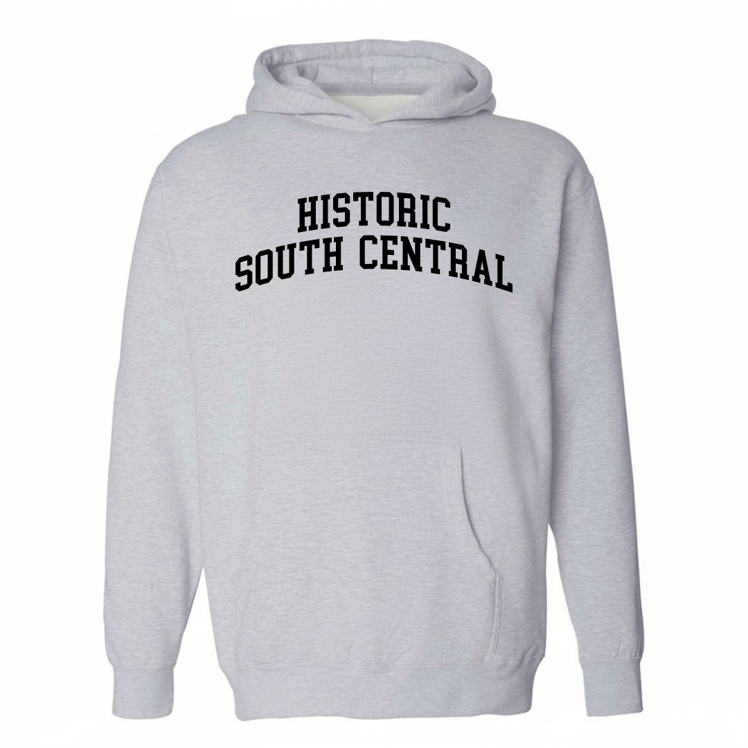 Heather-gray hoodie with the Historic South-Central arched lettering design on the chest.