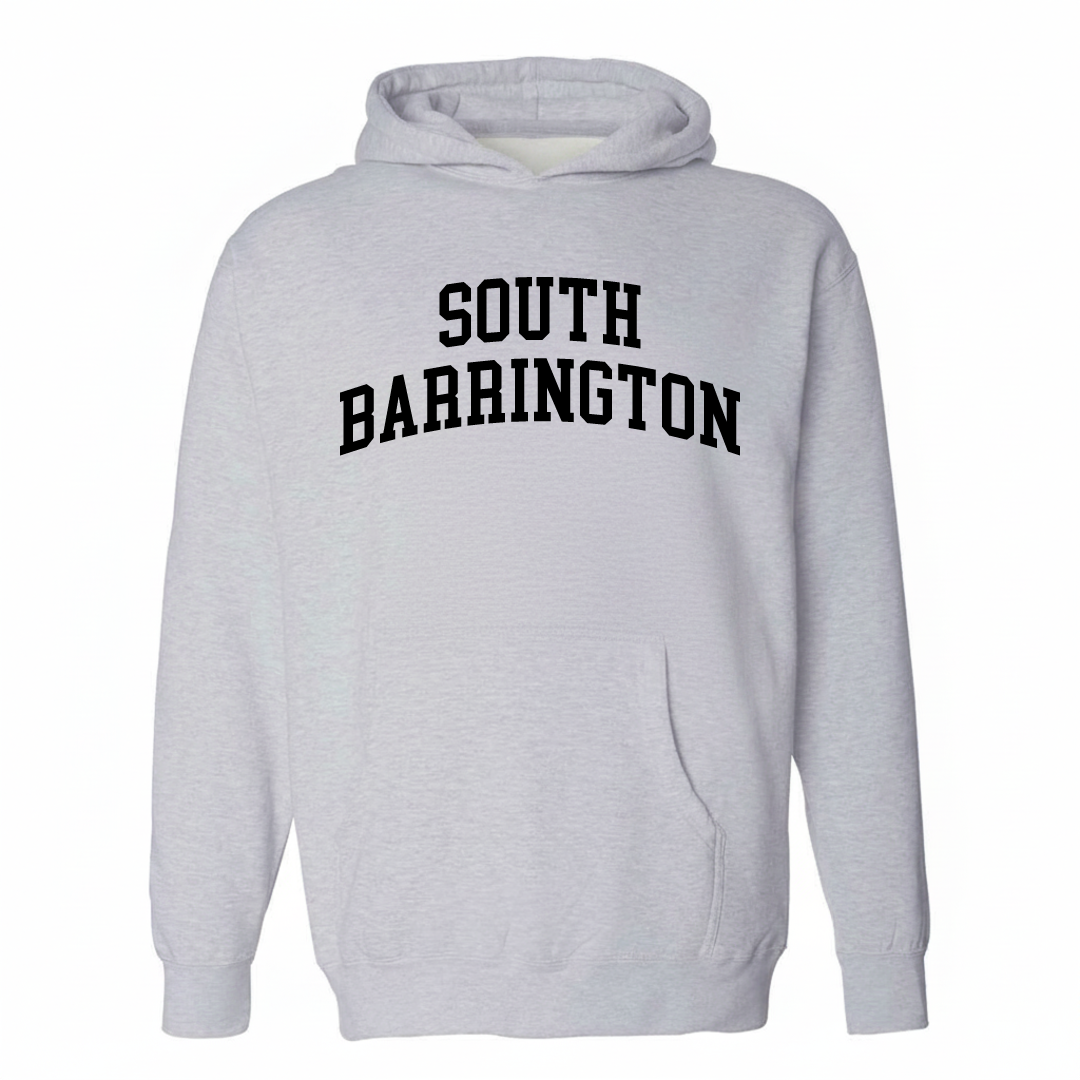Heather-gray hoodie with the South Barrington varsity arched lettering design on the chest.