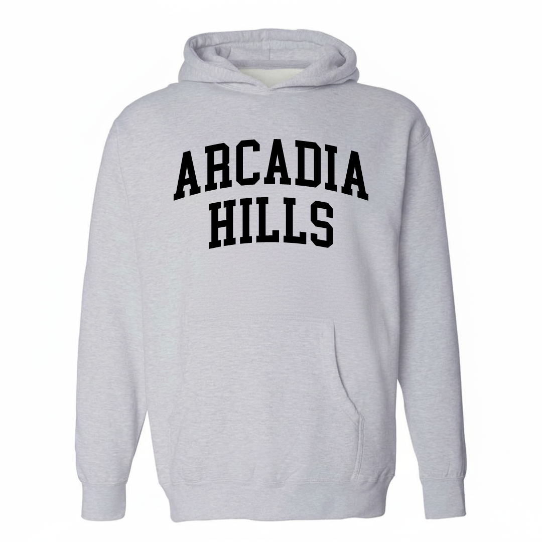 Heather-gray hoodie with the Arcadia Hills varsity arched lettering design on the chest.
