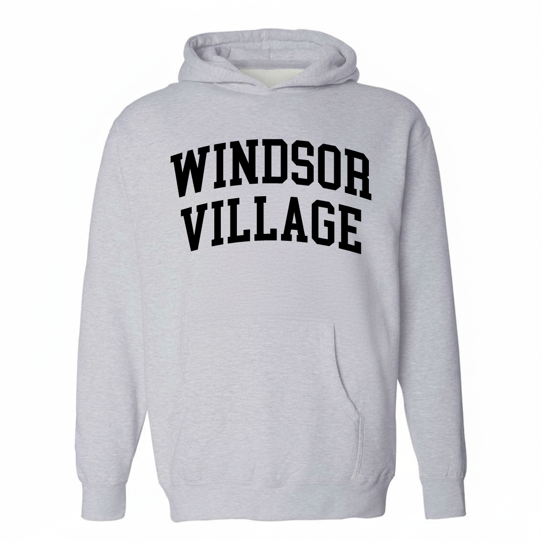 Heather-gray hoodie with the Windsor Village arched lettering design on the chest.