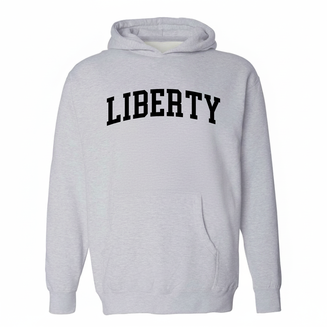 Heather-gray hoodie with the Liberty NC varsity arched lettering design on the chest.