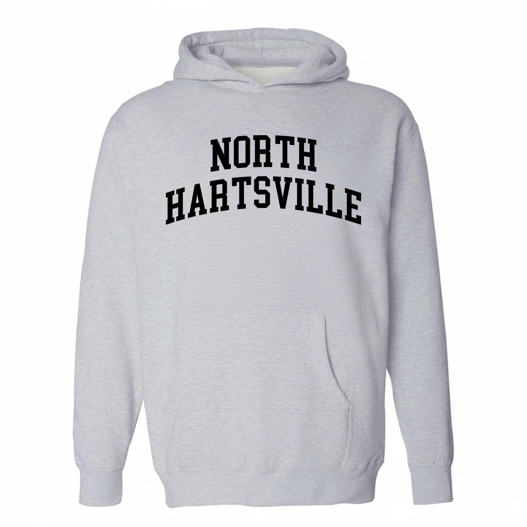 Heather-gray hoodie with the North Hartsville varsity arched lettering design on the chest.