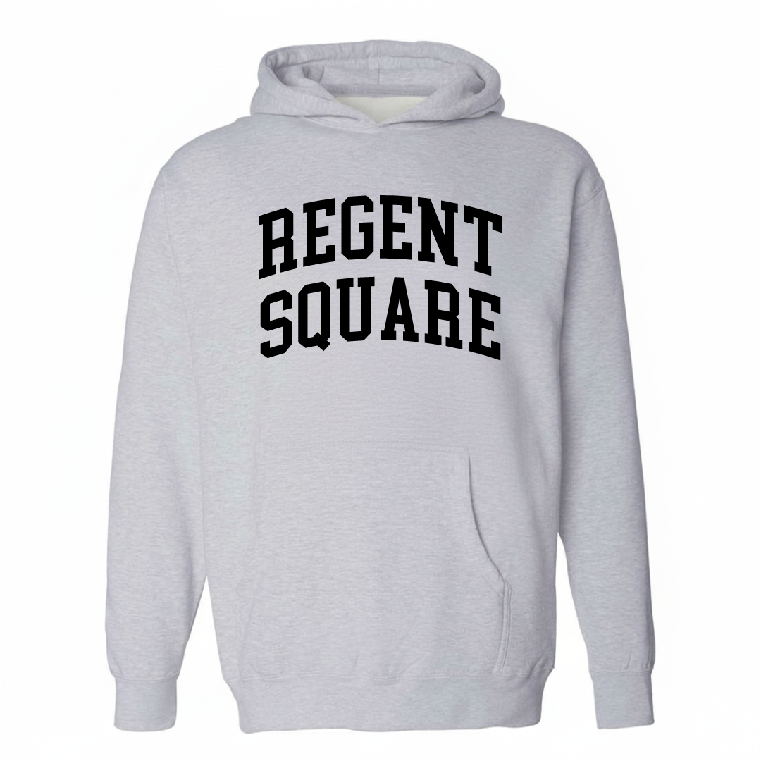 Heather-gray hoodie with the Regent Square varsity arched lettering design on the chest.