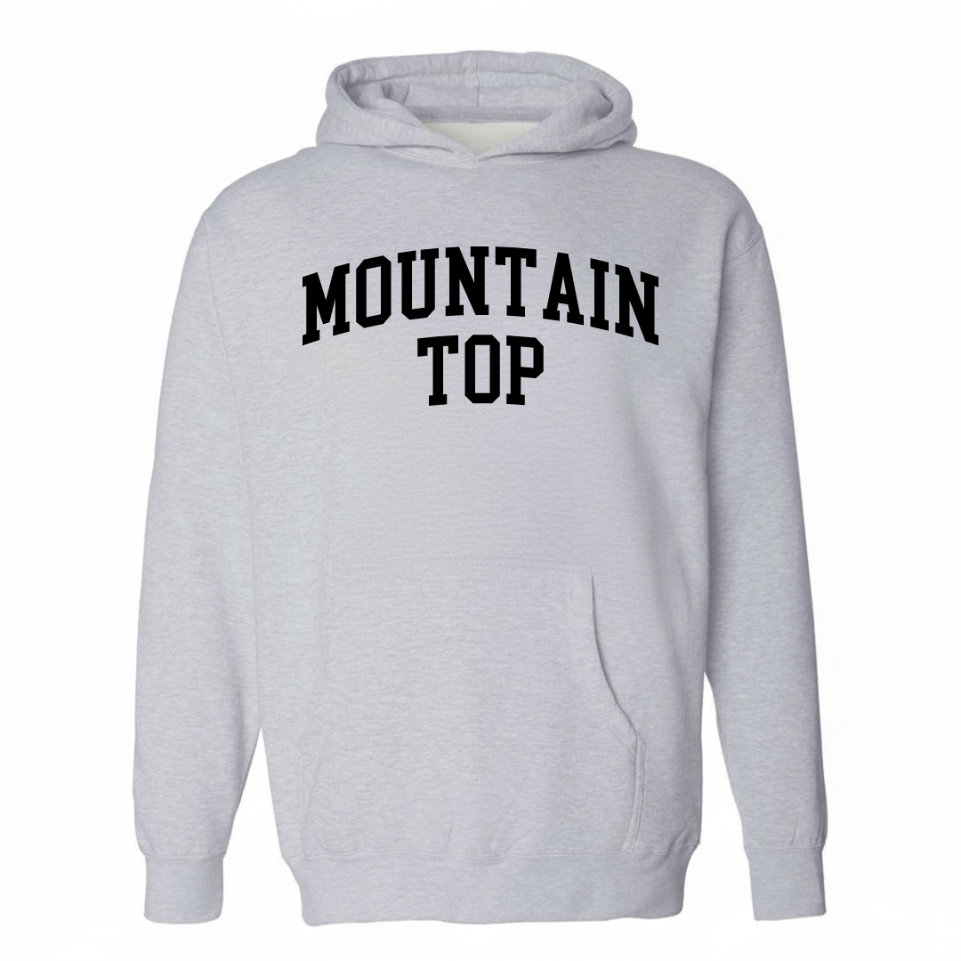 Heather-gray hoodie with the Mountain Top varsity arched lettering design on the chest.