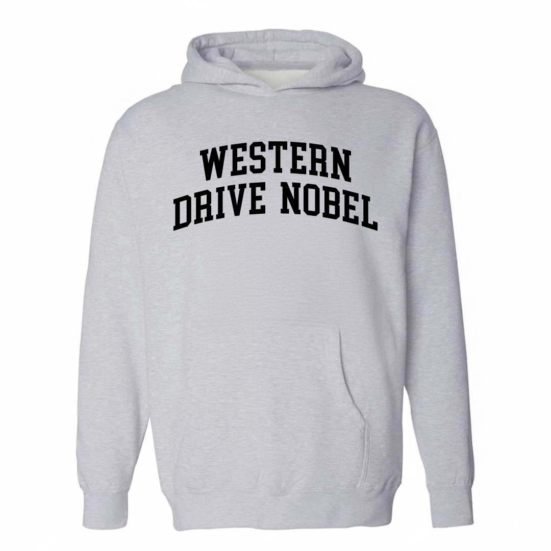 Heather-gray hoodie with the Western Drive/Nobel Santa Cruz arched varsity lettering design on the chest.