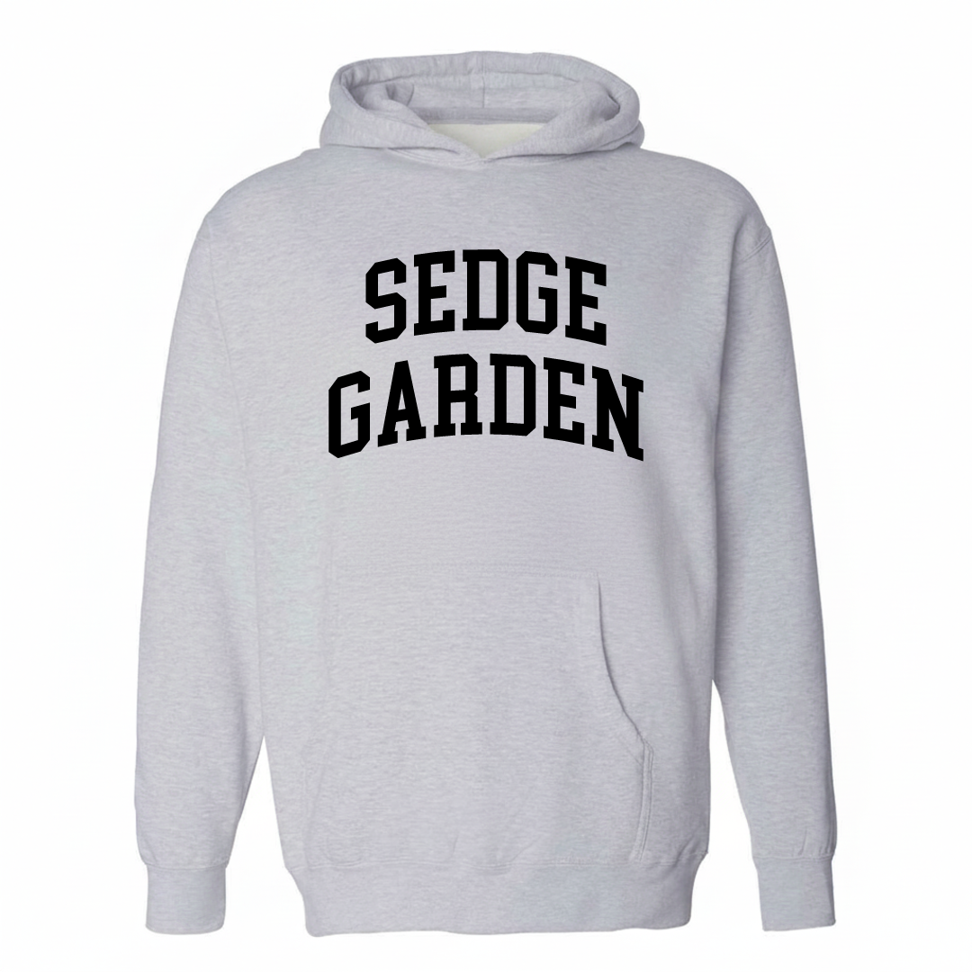Heather-gray hoodie with the Sedge Garden arched varsity lettering design on the chest.