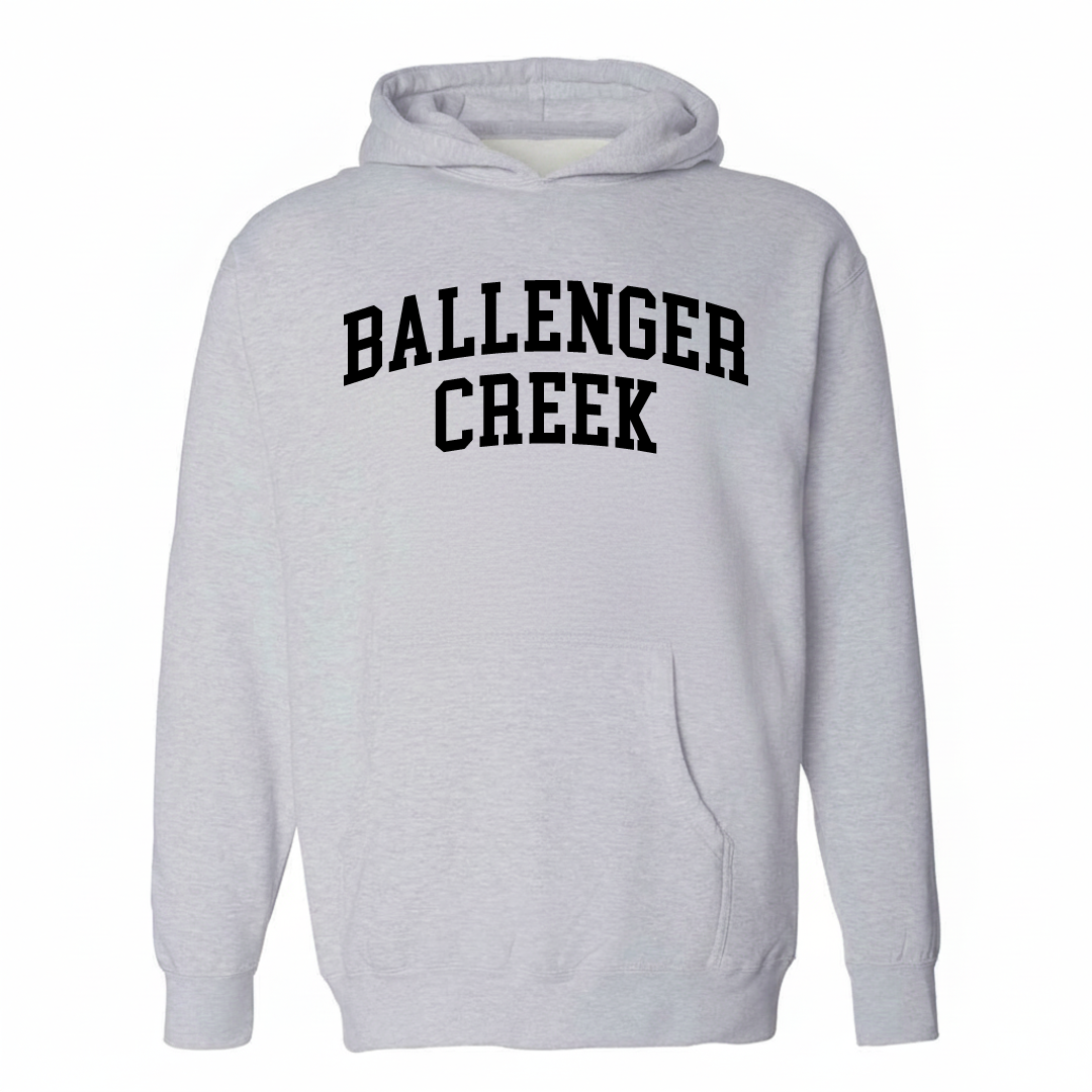 Heather-gray hoodie with the Ballenger Creek varsity arched lettering design on the chest.