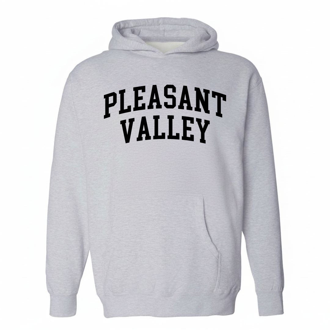 Heather-gray hoodie with the Pleasant Valley arched varsity lettering design on the chest.
