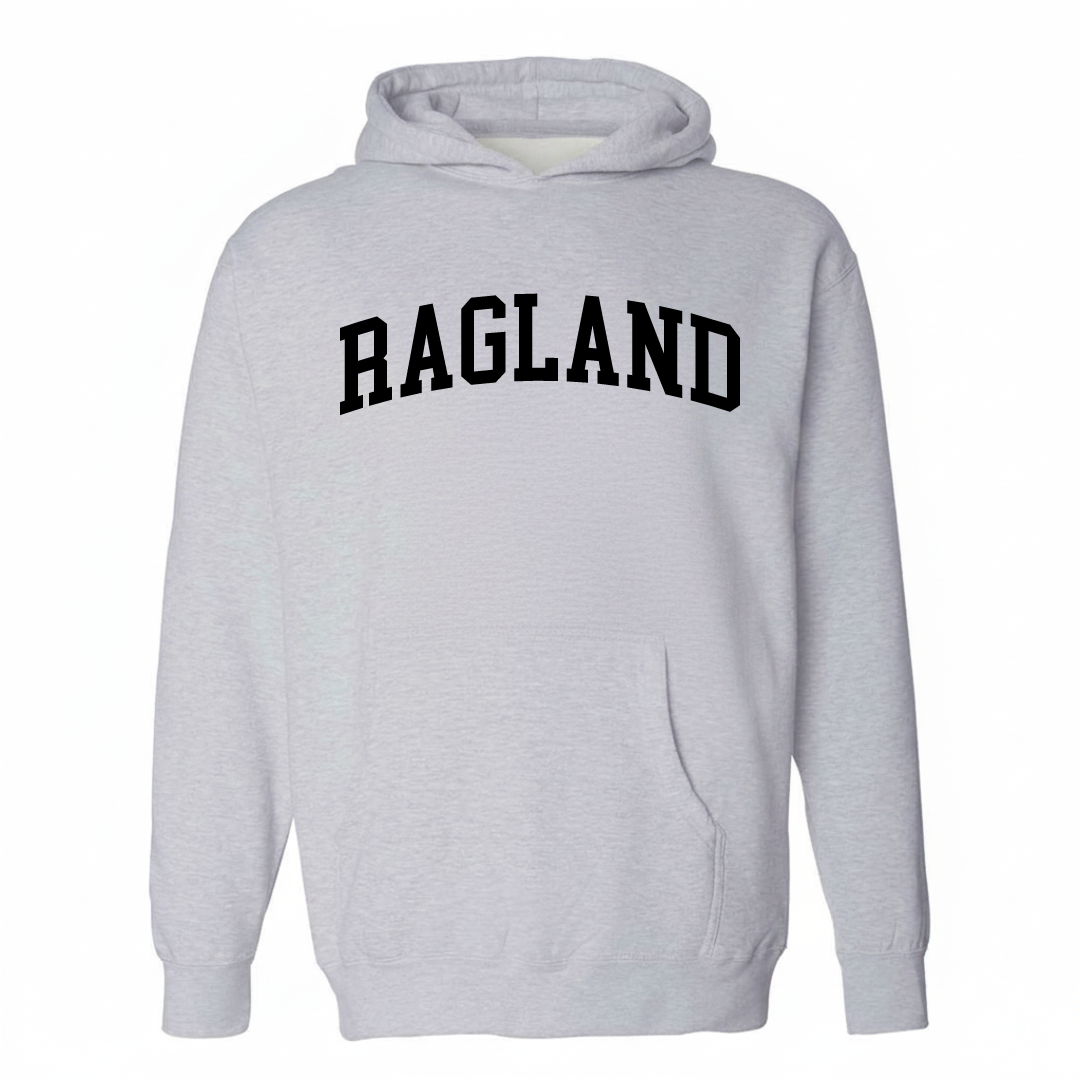 Heather-gray hoodie with the Ragland varsity arched lettering design on the chest.