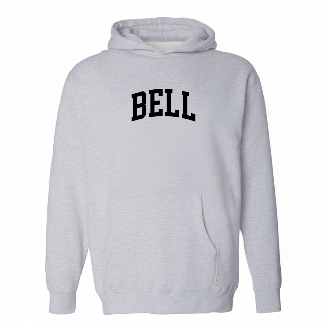 Heather-gray hoodie with the Bell varsity arched lettering design on the chest.