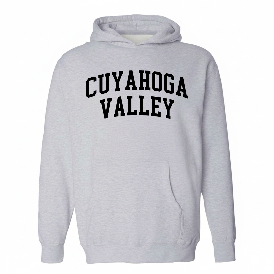 Heather-gray hoodie with the Cuyahoga Valley varsity arched lettering design on the chest.