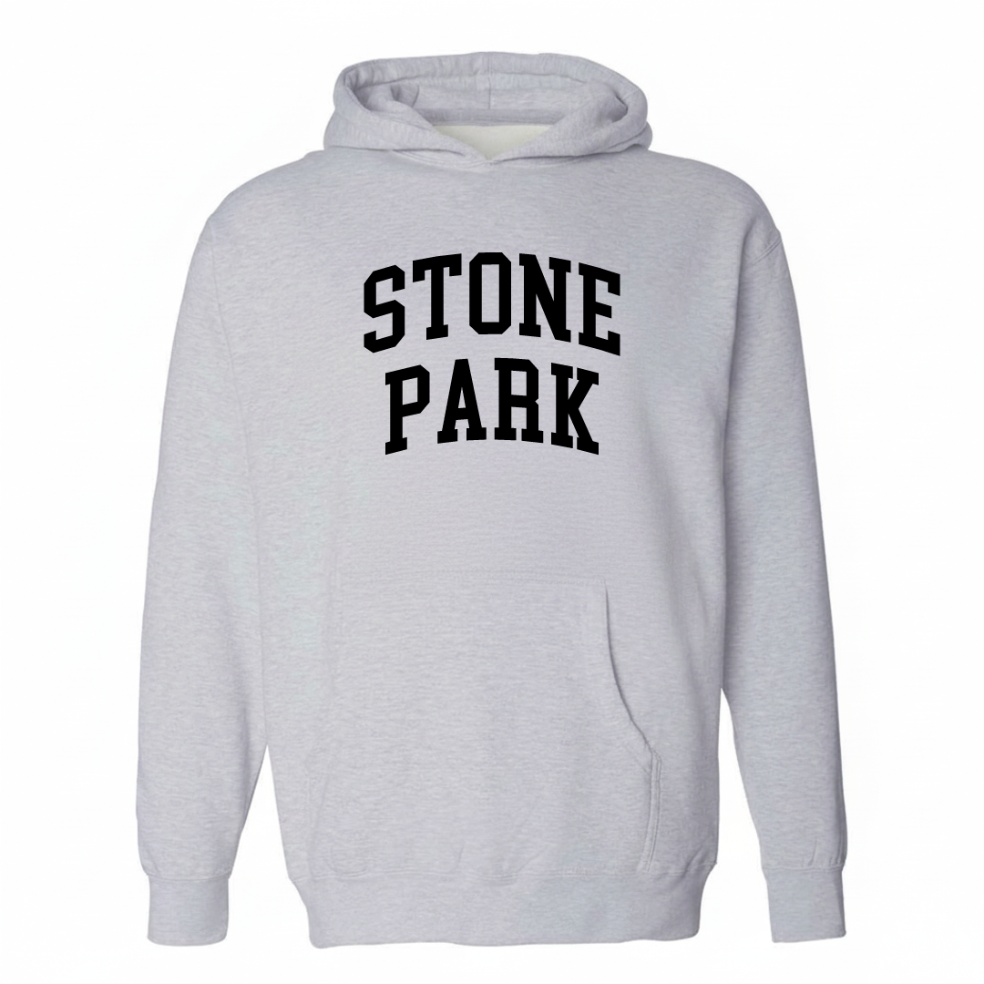 Heather-gray hoodie with the Stone Park arched lettering varsity-collegiate design on the chest.