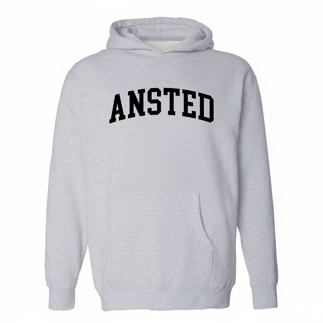 Heather-gray hoodie with the Ansted varsity arched lettering design on the chest.