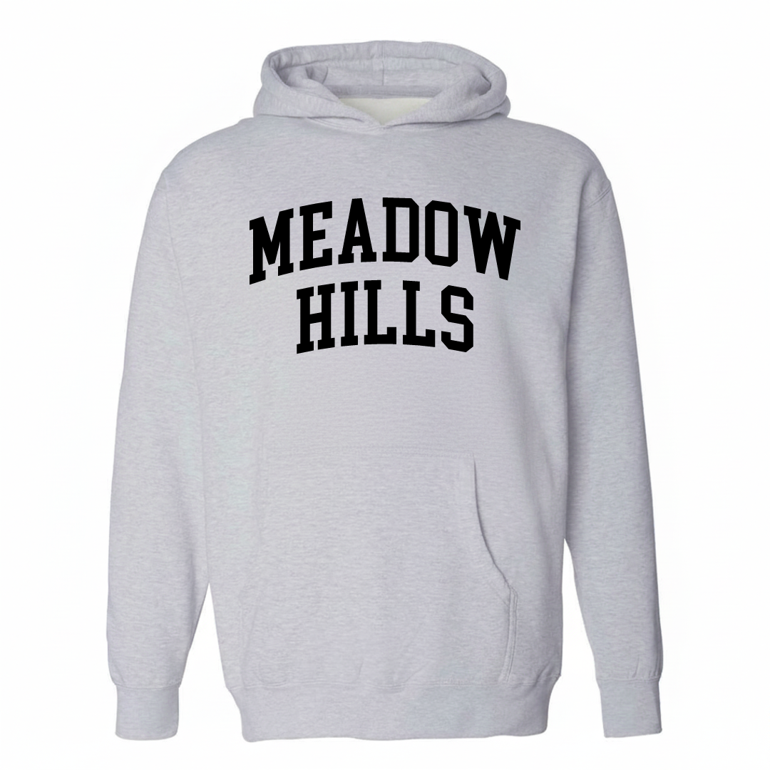 Heather-gray hoodie with the Meadow Hills varsity arched lettering design on the chest.