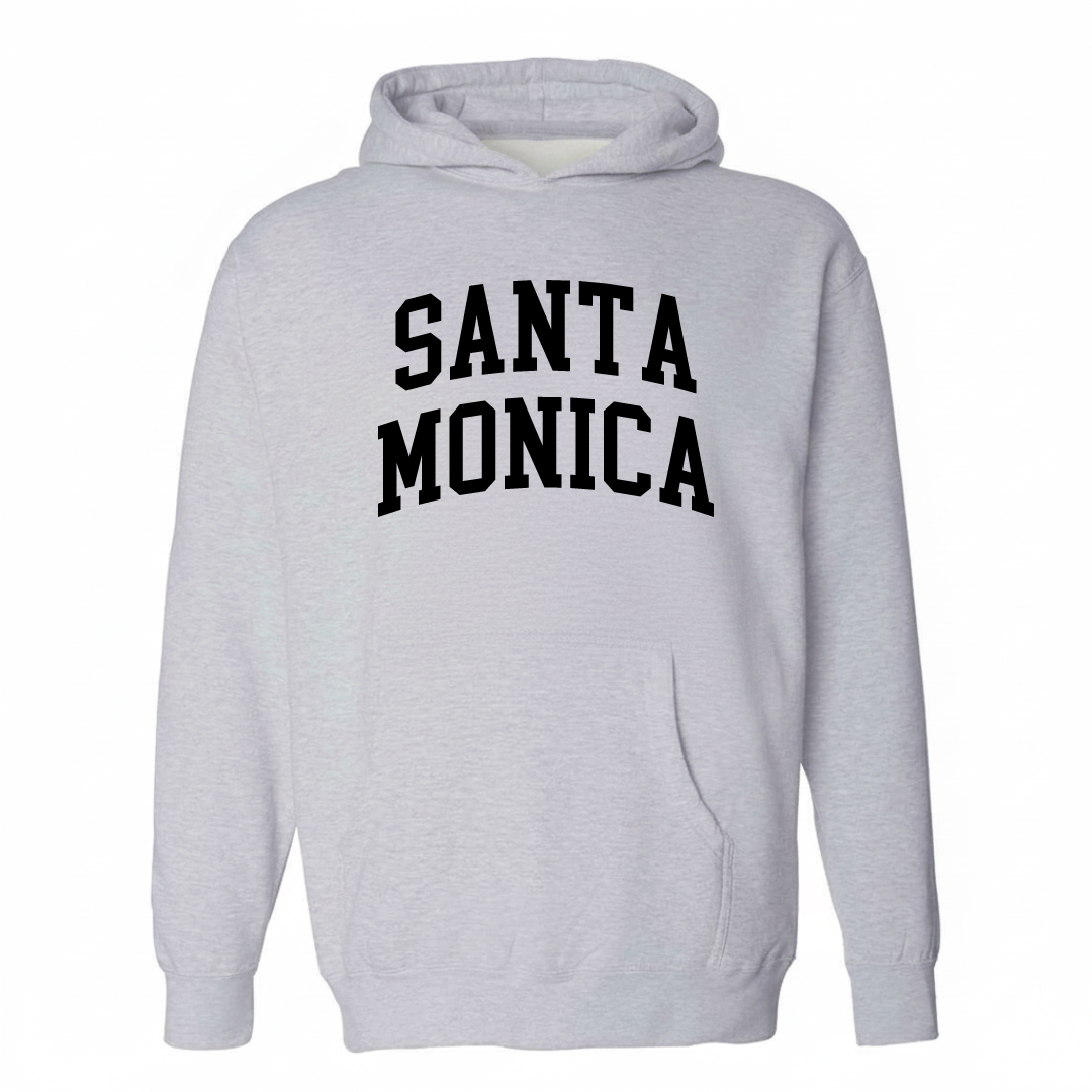 Heather-gray hoodie with the Santa Monica arched varsity lettering design on the chest.