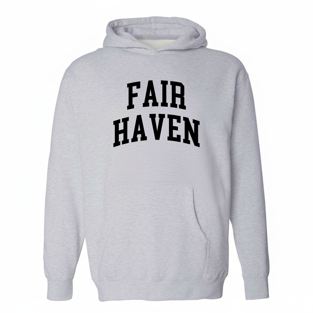 Heather-gray hoodie with the Fair Haven arched varsity lettering design on the chest.