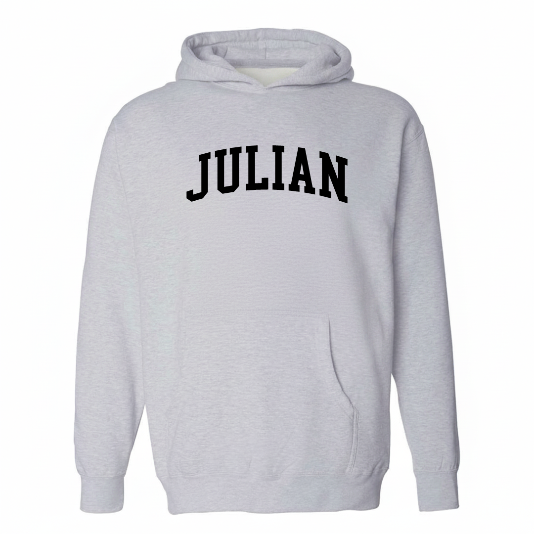 Heather-gray hoodie with the Julian, PA varsity arched lettering design on the chest.