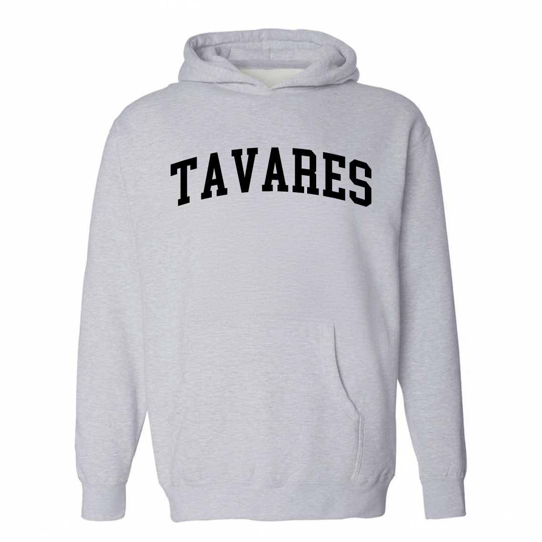 Heather-gray hoodie with the Tavares varsity arched lettering design on the chest.