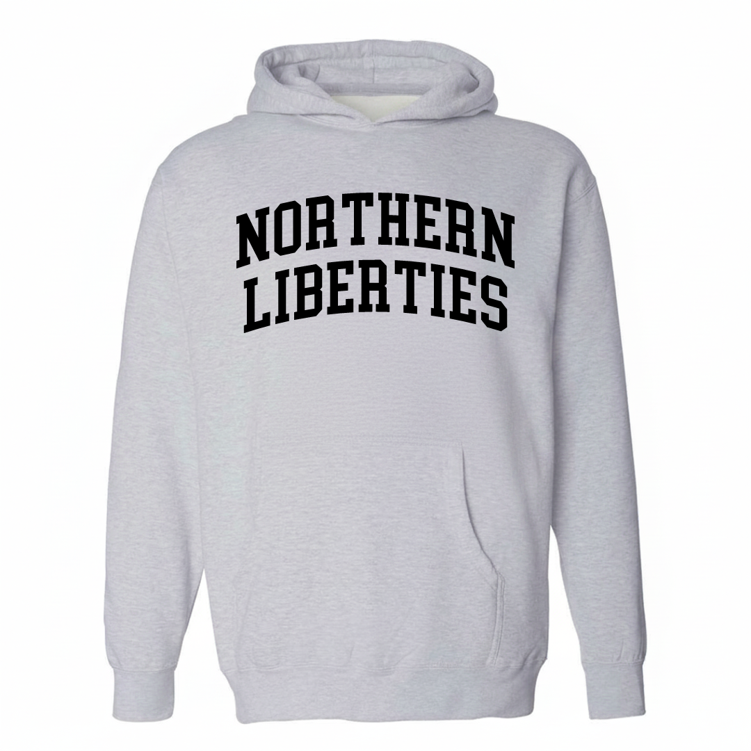 Heather-gray hoodie with the Northern Liberties varsity arched lettering design on the chest.