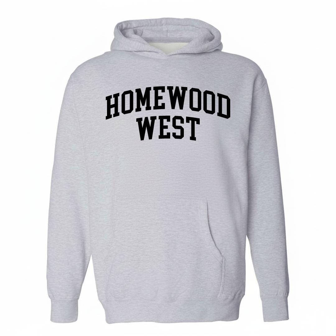 Heather-gray hoodie with the Homewood West varsity arched lettering design on the chest.