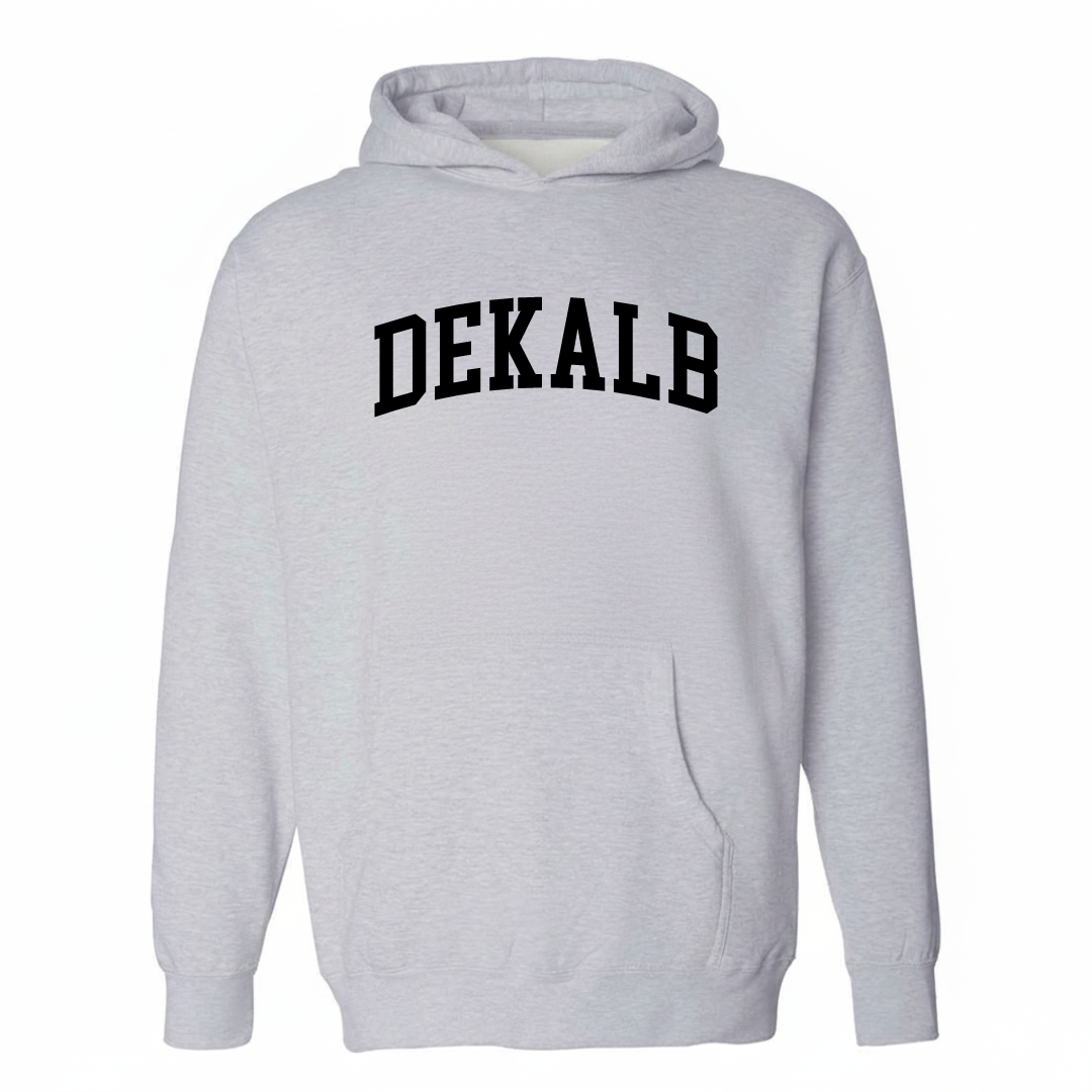 Heather-gray hoodie with the DeKalb varsity arched lettering design on the chest.