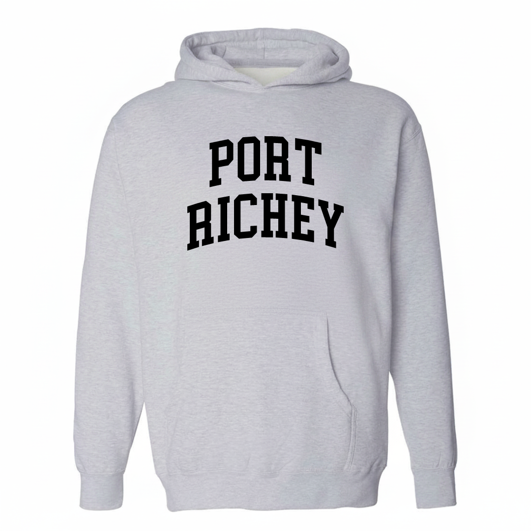 Heather-gray hoodie with the Port Richey varsity arched lettering design on the chest.