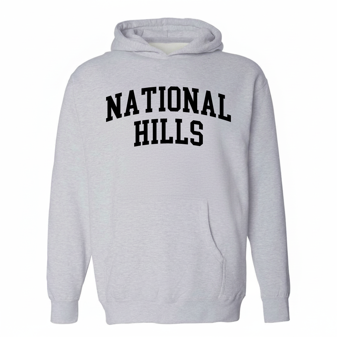 Heather-gray hoodie with the National Hills varsity arched lettering design on the chest.