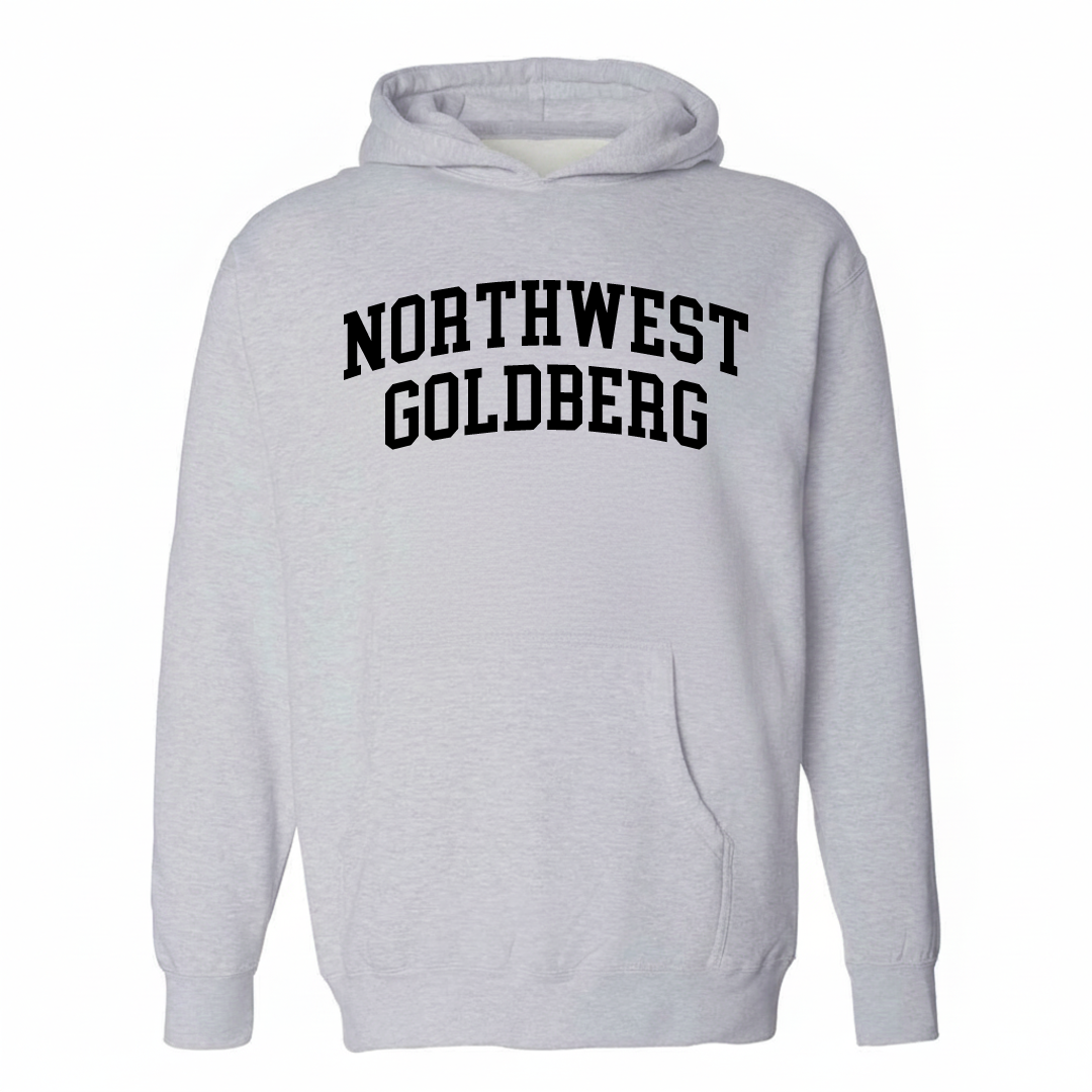 Heather-gray hoodie with the Northwest Goldberg varsity arched lettering design on the chest.