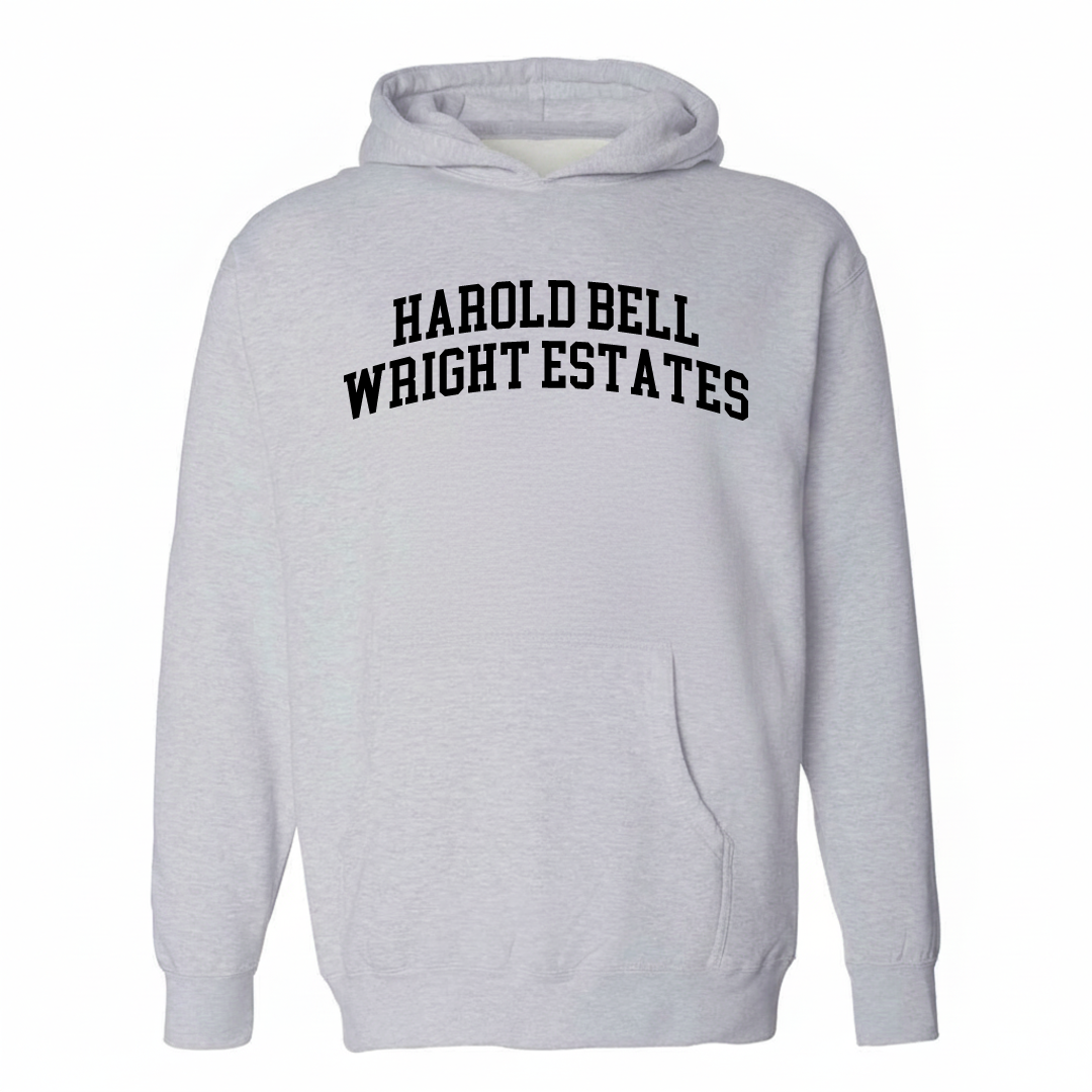 Heather-gray hoodie with the Harold Bell Wright Estates varsity arched lettering design on the chest.