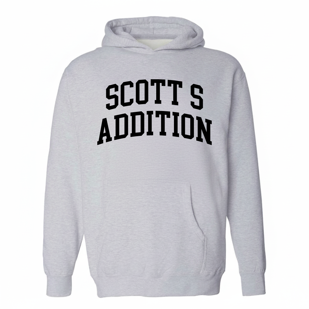 Heather-gray hoodie with the Scott's Addition varsity arched lettering design on the chest.