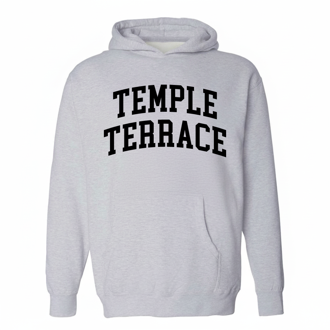Heather-gray hoodie with the Temple Terrace varsity arched lettering design on the chest.