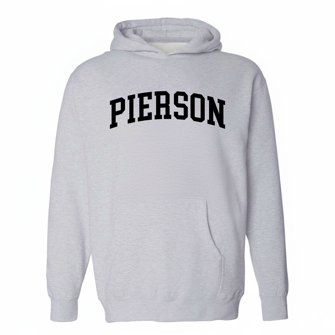 Heather-gray hoodie with the Pierson varsity arched lettering design on the chest.