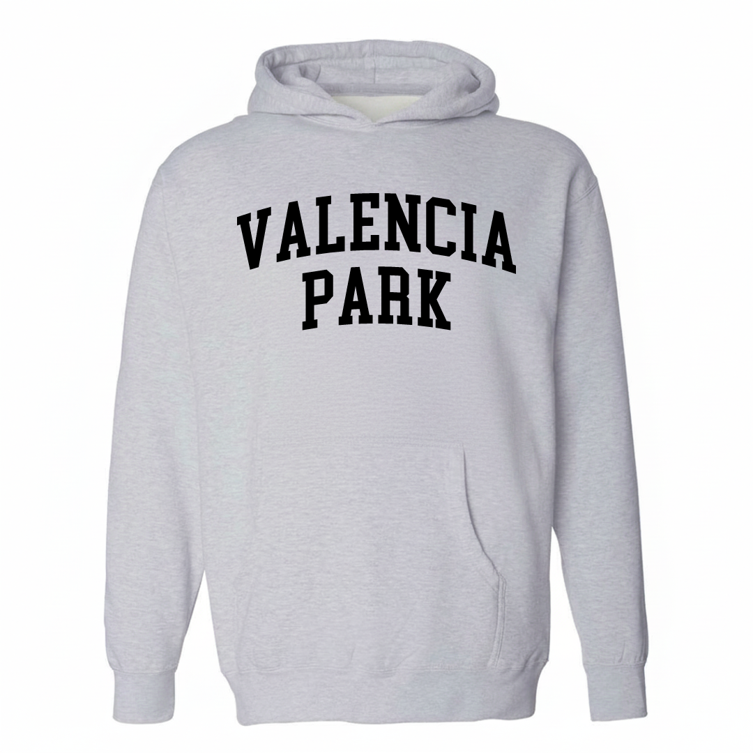 Heather-gray hoodie with the Valencia Park varsity arched lettering design on the chest.