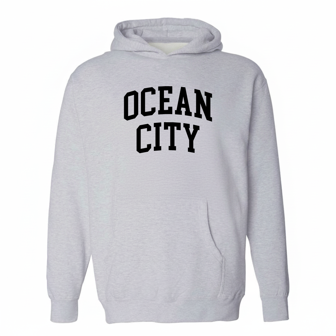Heather-gray hoodie with the Ocean City arched varsity lettering design on the chest.