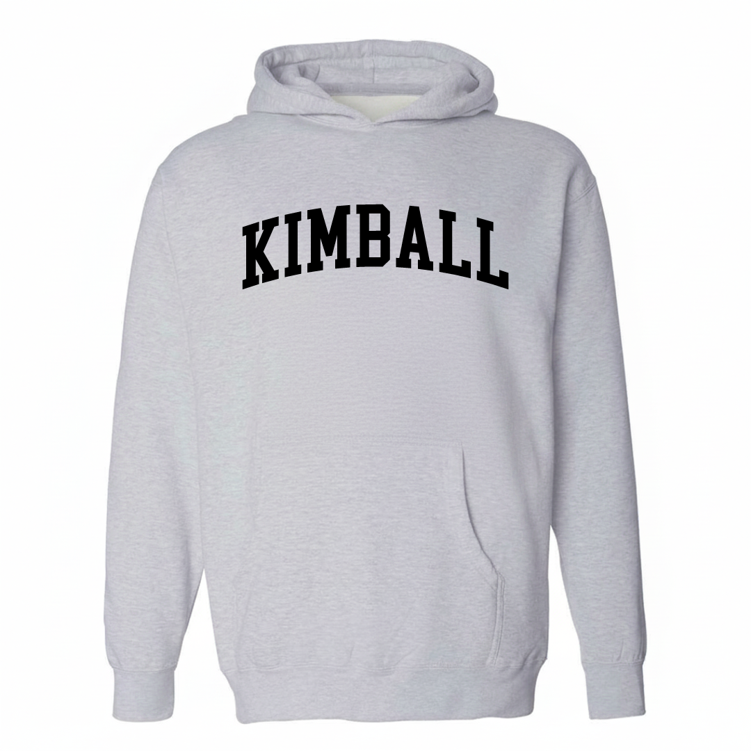 Heather-gray hoodie with the Kimball arched lettering varsity-collegiate design on the chest.
