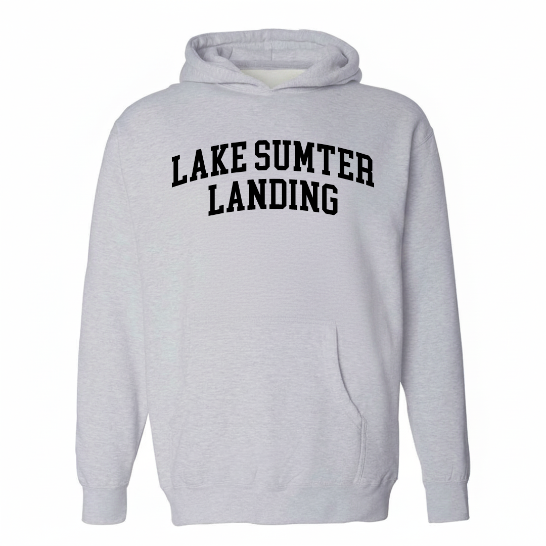 Heather-gray hoodie with the Lake Sumter Landing varsity arched lettering design on the chest.