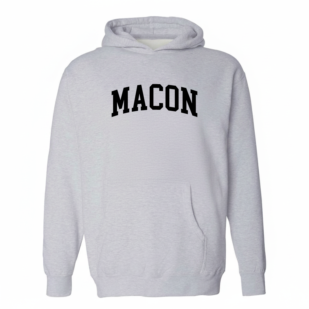 Heather-gray hoodie with the Macon varsity arched lettering design on the chest.
