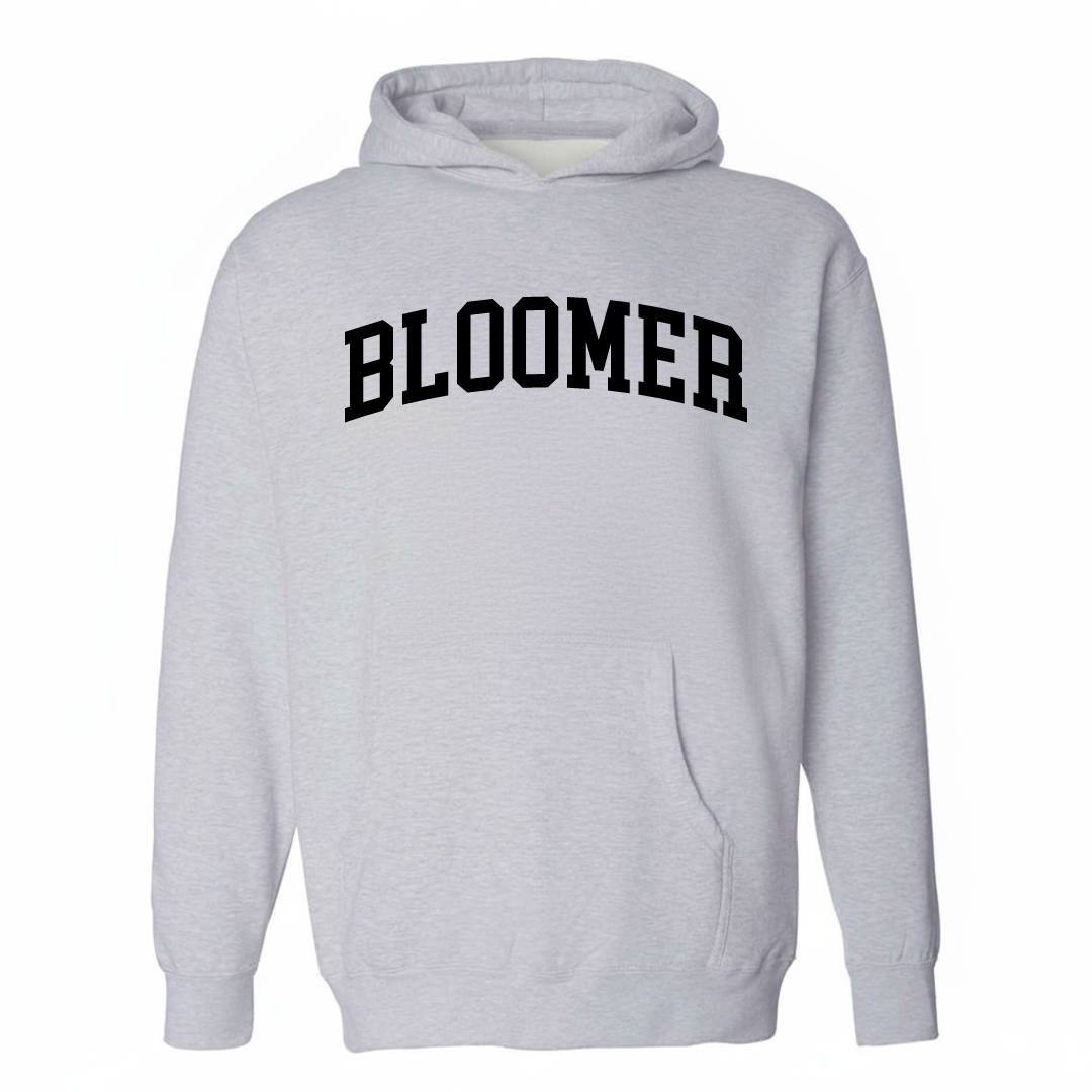 Heather-gray hoodie with the Bloomer arched varsity lettering design on the chest.