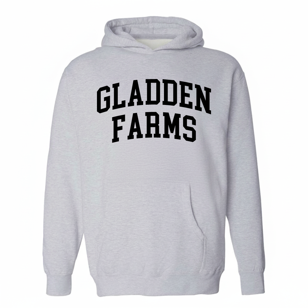 Heather-gray hoodie with the Gladden Farms varsity arched lettering design on the chest.