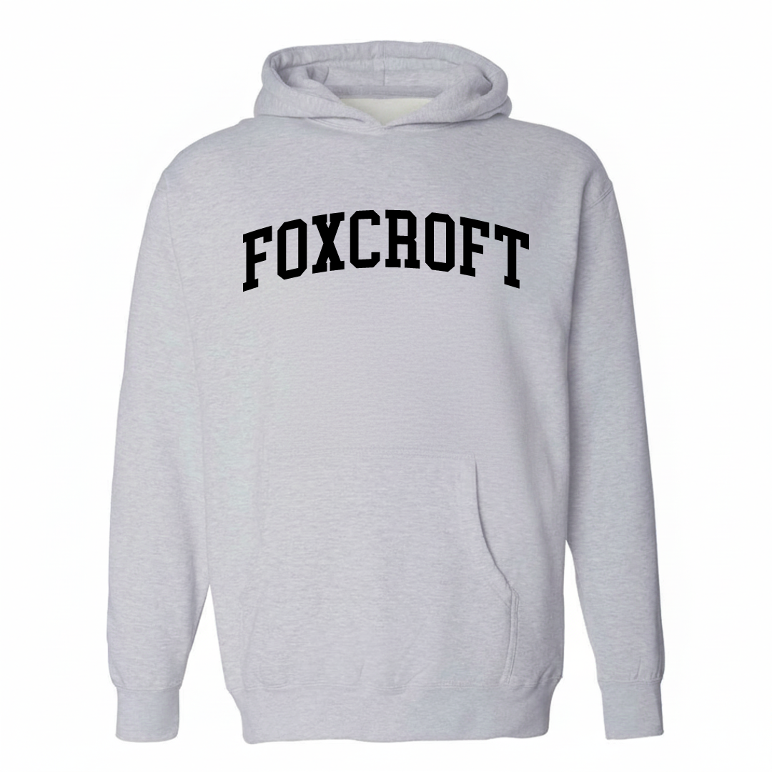 Heather-gray hoodie with the Foxcroft varsity arched lettering design on the chest.