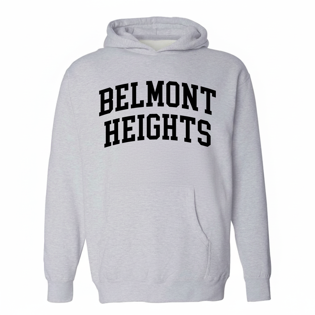 Heather-gray hoodie with the Belmont Heights varsity arched lettering design on the chest.