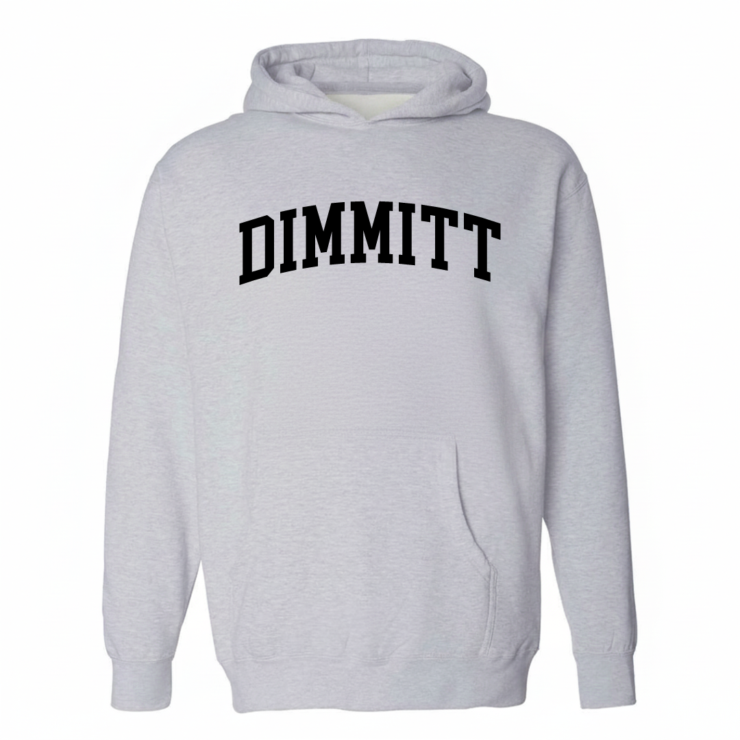 Heather-gray hoodie with the Dimmitt arched lettering varsity-collegiate design on the chest.